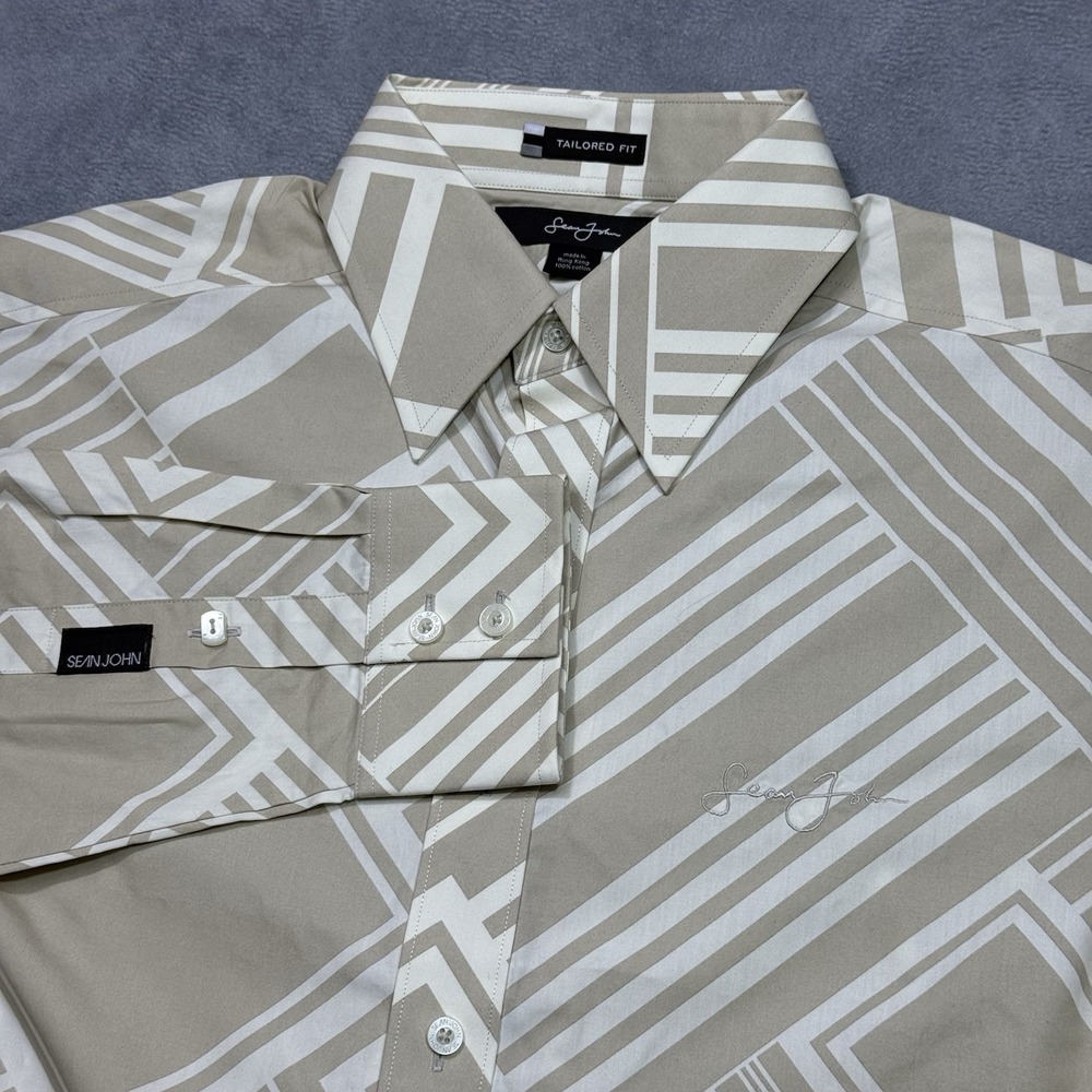 Sean John Button Shirt Mens M Tailored Fit Beige Cream Geometric Poplin NEW